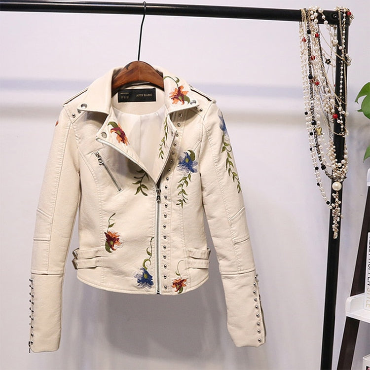Embroidered women's faux leather biker jacket – Eleonora-White-S-The Livary