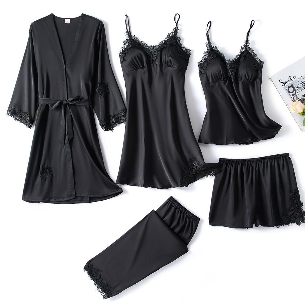 5-Piece Satin Sleep Set for Women with Lace – Amara-Black-XS-The Livary