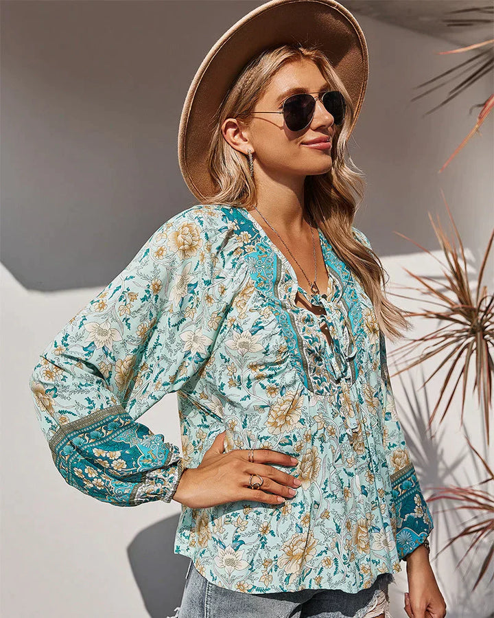 Vintage Boho summer blouse with floral print and long sleeves – Sana-Green-S-The Livary