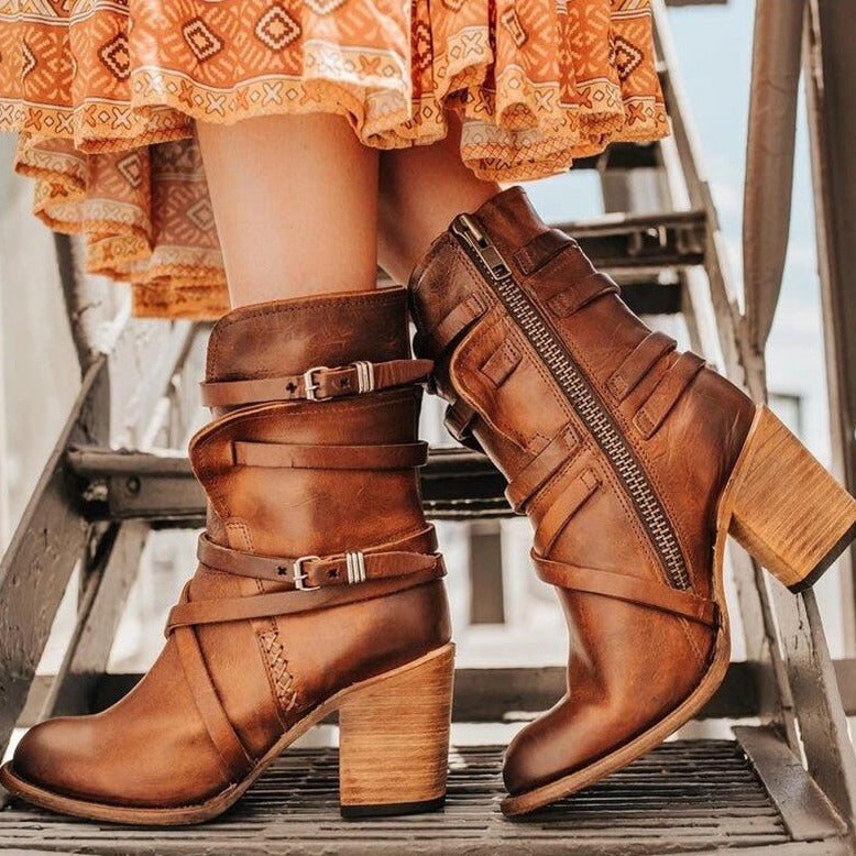 Vintage Leather Ladies' Ankle Boots with Heel - Lara-Chestnut Brown-2.5-The Livary