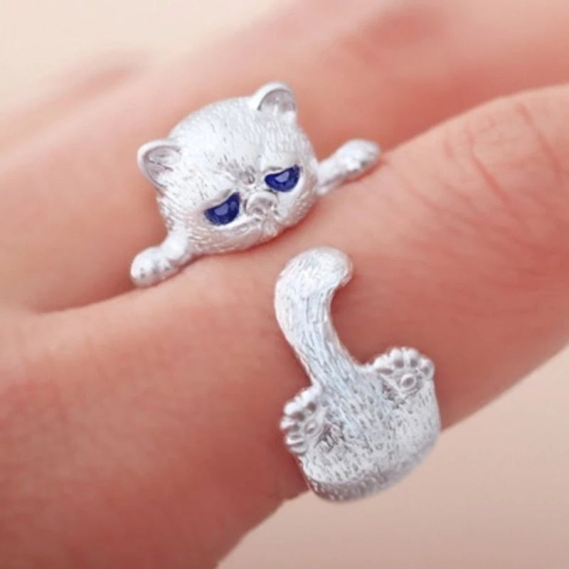 Adjustable Silver Kitten Ring - Lyana-The Livary
