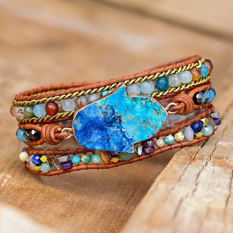 Blue Hamsa Turquoise Wrap Bracelet - Soraya-The Livary