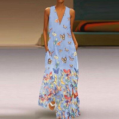 Trendy Sleeveless Maxi Summer Dress with Butterfly Print – Malia-Light blue-S-The Livary