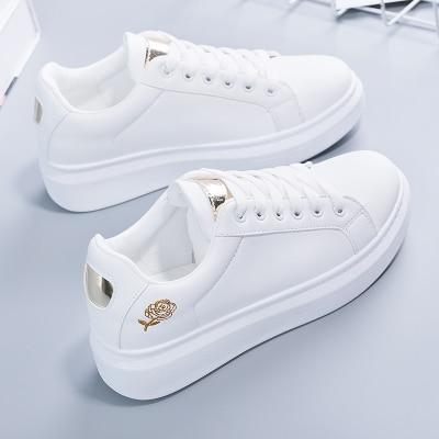 Trendy ladies' sneakers made of synthetic leather with metallic accents – Norell-White - Gold-3-The Livary