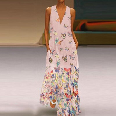 Trendy Sleeveless Maxi Summer Dress with Butterfly Print – Malia-Pink-S-The Livary