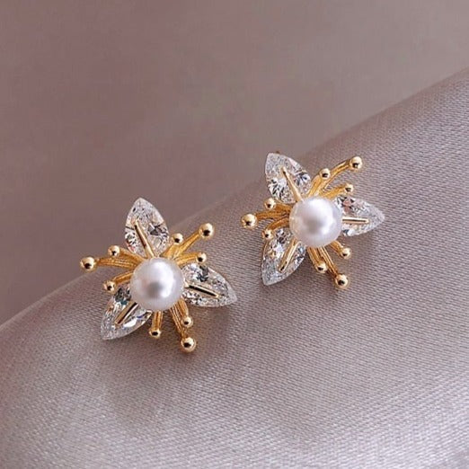 Crystal & Pearl Flower Earrings - Leanne-The Livary