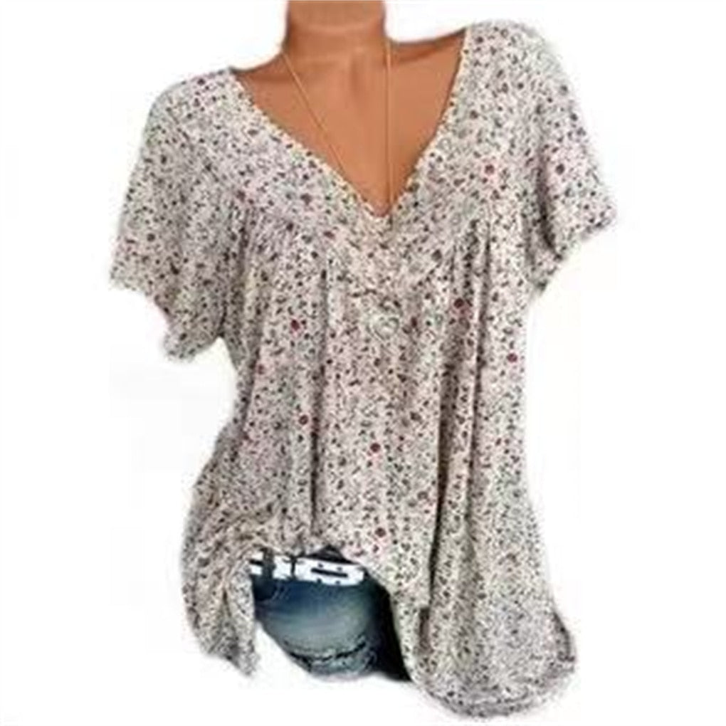 Ladies Boho Summer Blouse with Floral Print - Celeste-Beige-S-The Livary