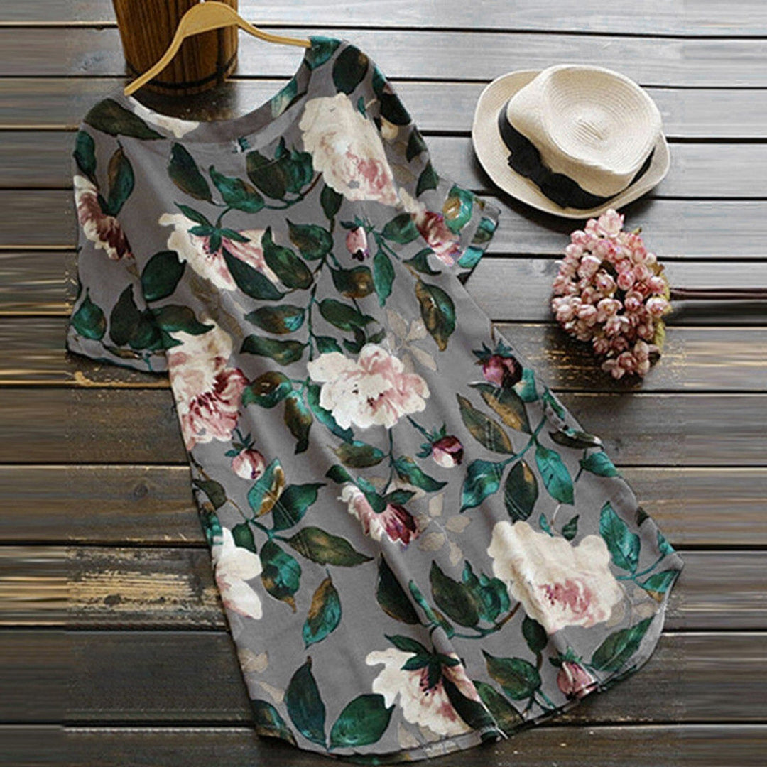 Flowered summer casual dress with short sleeves for women – Malina-Grey-S-The Livary