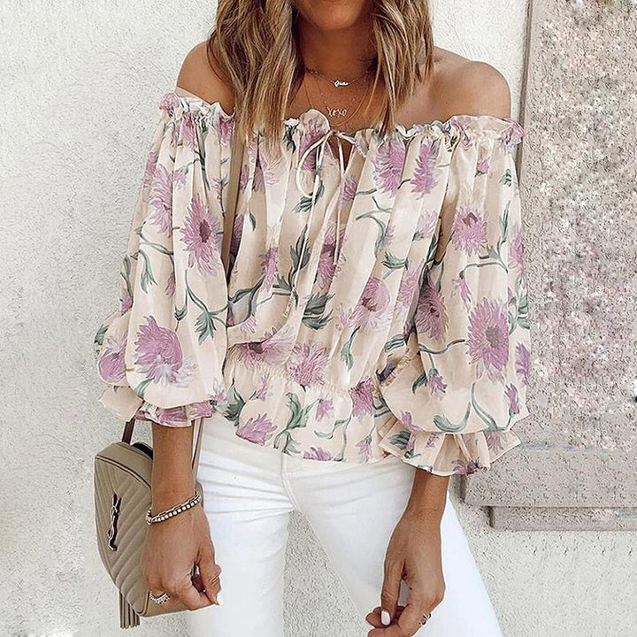 Floral Women's Chiffon Blouse with Ruffled Sleeves - Elvira-Beige-S-The Livary