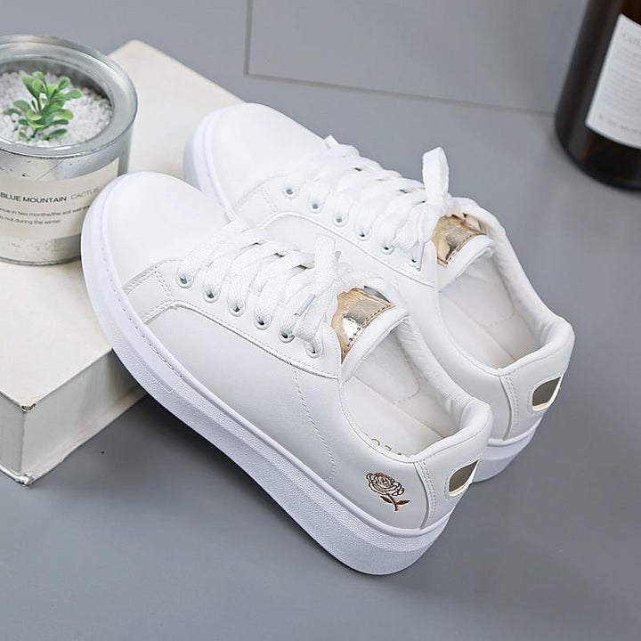 Trendy ladies' sneakers made of synthetic leather with metallic accents – Norell-White - Gold-3-The Livary