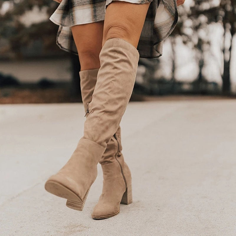 Casual Knee-High Boots with Zipper - Tess-Beige-3-The Livary