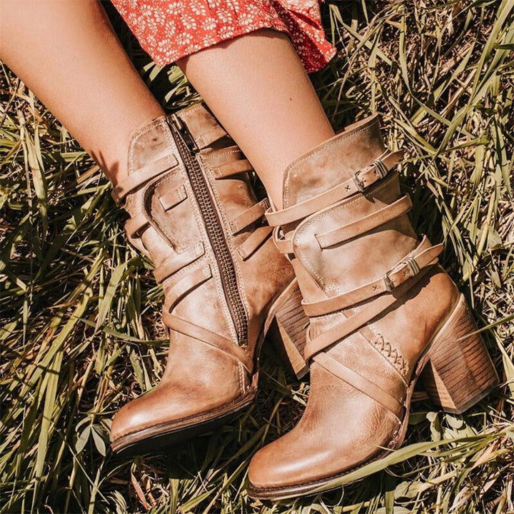 Vintage Leather Ladies' Ankle Boots with Heel - Lara-Khaki-2.5-The Livary
