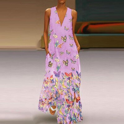 Trendy Sleeveless Maxi Summer Dress with Butterfly Print – Malia-Light Purple-S-The Livary
