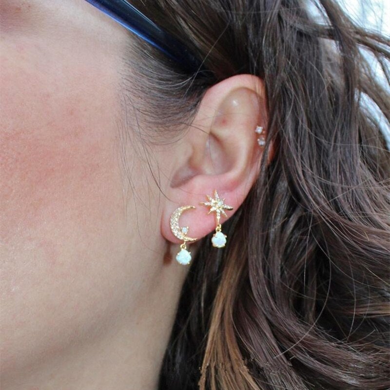 Golden Moon and Star Earrings with Opal - Aurora-The Livary