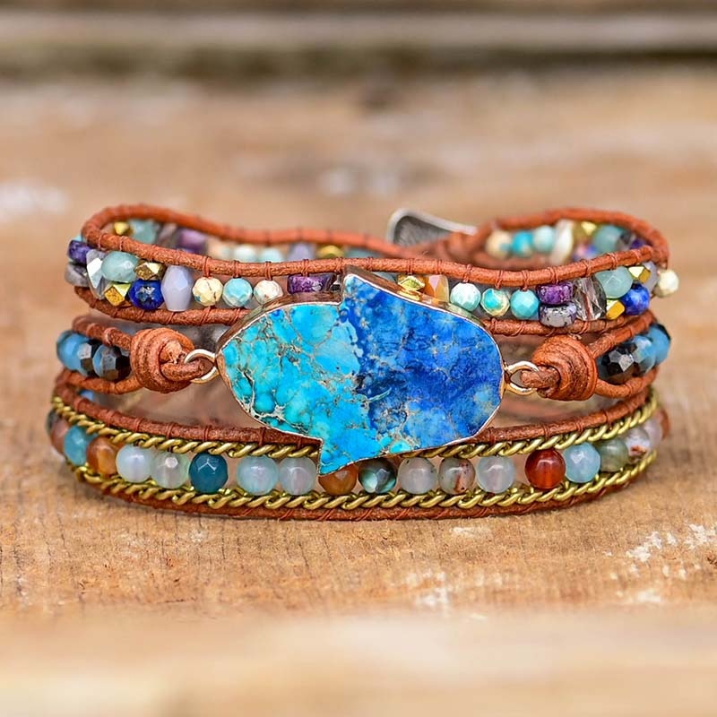 Blue Hamsa Turquoise Wrap Bracelet - Soraya-The Livary