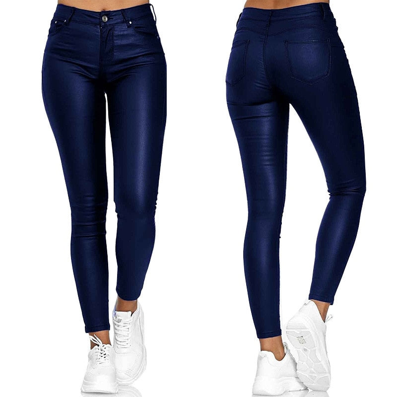 Leather stretch trousers with a high waist - Raffaela-Blue-S-The Livary