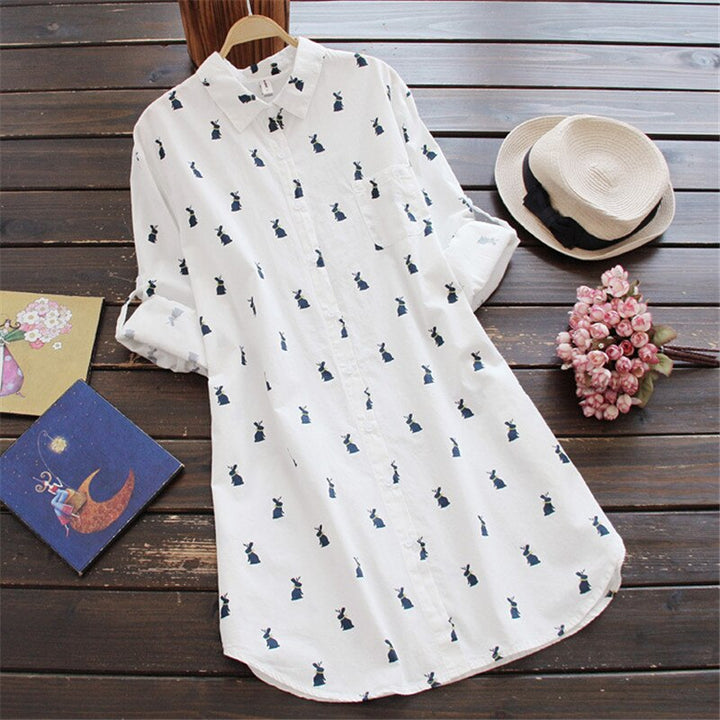 Playful shirt dress with rabbit print and lapel collar – Elina-M-The Livary