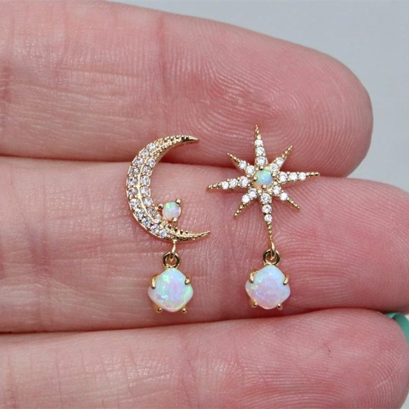 Golden Moon and Star Earrings with Opal - Aurora-The Livary
