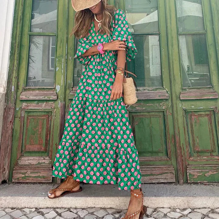 Boho summer dress in Ibiza style with a loose fit – Elira-Green & White-S-The Livary