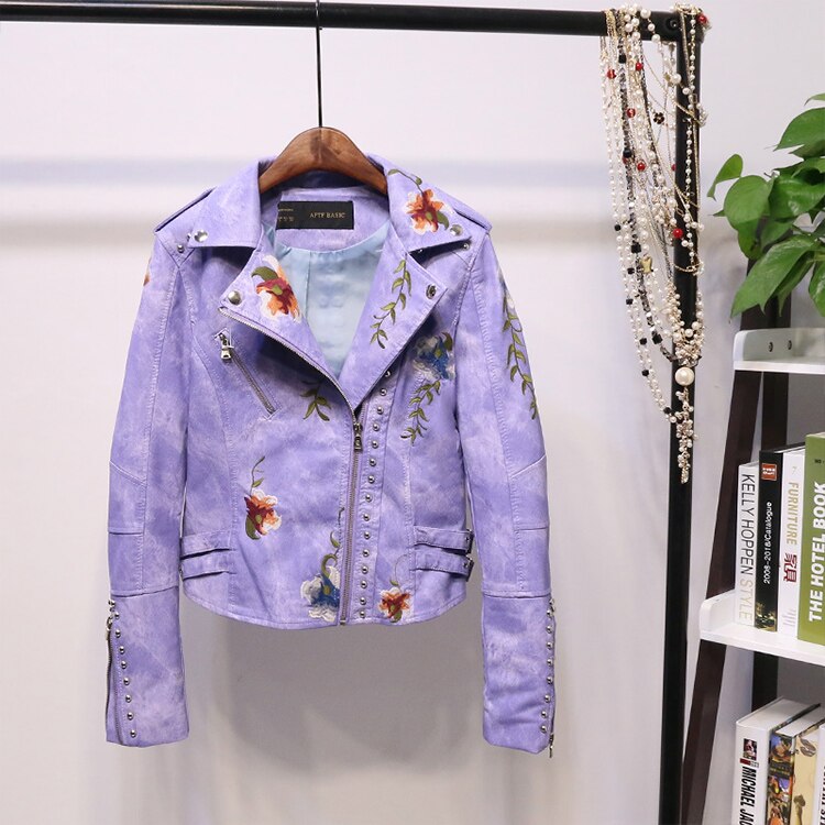 Embroidered women's faux leather biker jacket – Eleonora-Purple-S-The Livary