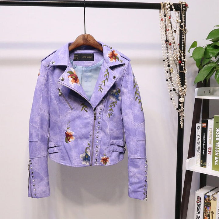 Embroidered women's faux leather biker jacket – Eleonora-Purple-S-The Livary