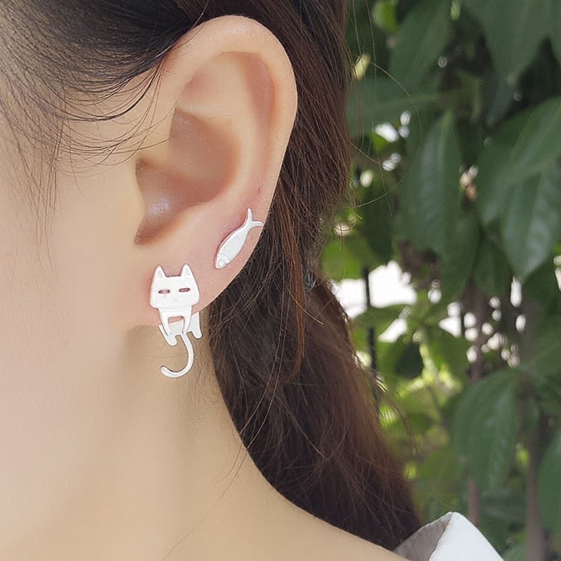 Silver Climbing Cat Earrings - Luna-The Livary