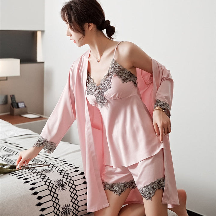 5-Piece Satin Sleep Set for Women with Lace – Amara-Black-XS-The Livary