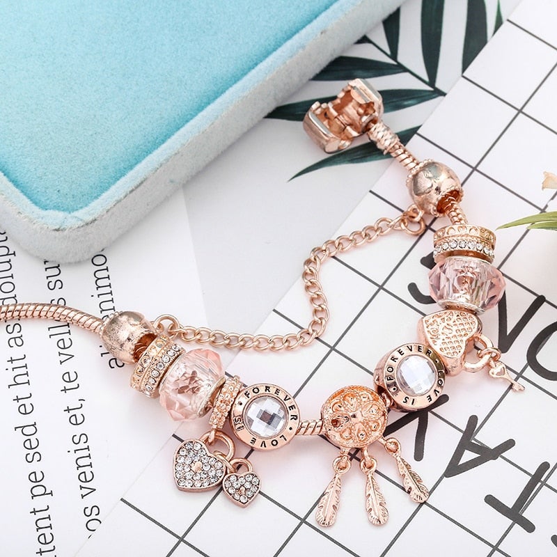 Rose Dreamcatcher Bracelet with Charms in Sterling Silver - Pink-6.30 in-The Livary