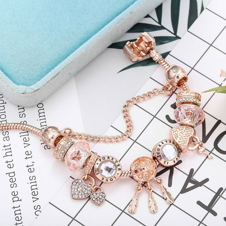 Rose Dreamcatcher Bracelet with Charms in Sterling Silver - Pink-6.30 in-The Livary