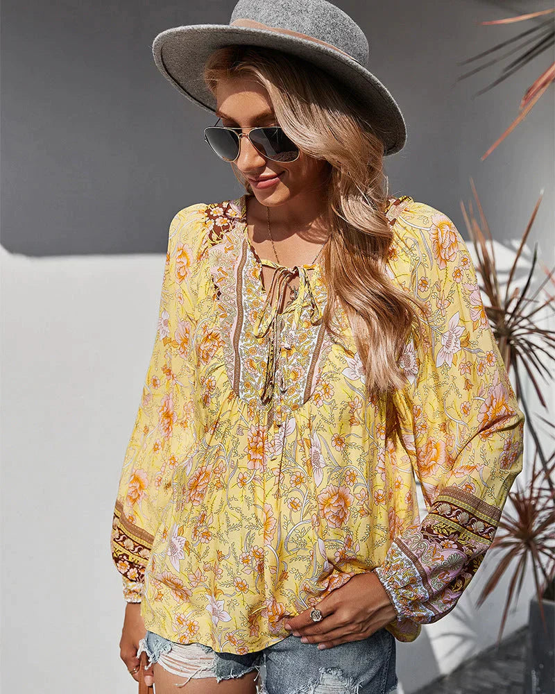 Vintage Boho summer blouse with floral print and long sleeves – Sana-Yellow-S-The Livary