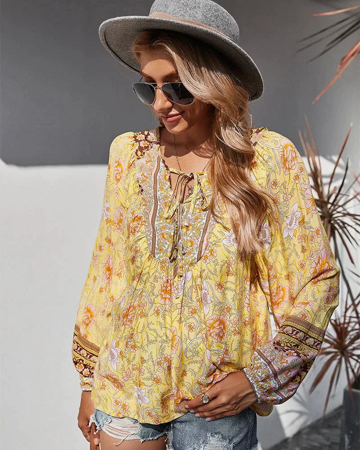 Vintage Boho summer blouse with floral print and long sleeves – Sana-Yellow-S-The Livary