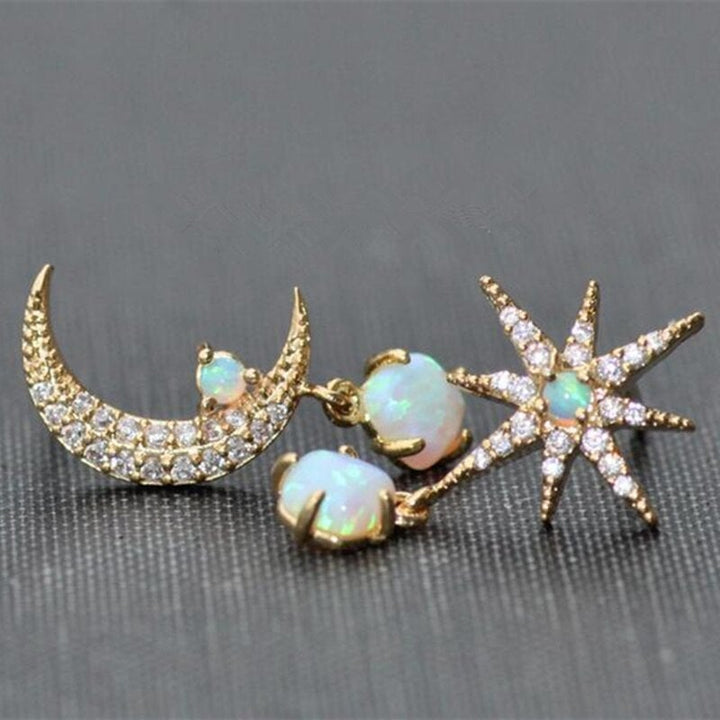Golden Moon and Star Earrings with Opal - Aurora-The Livary