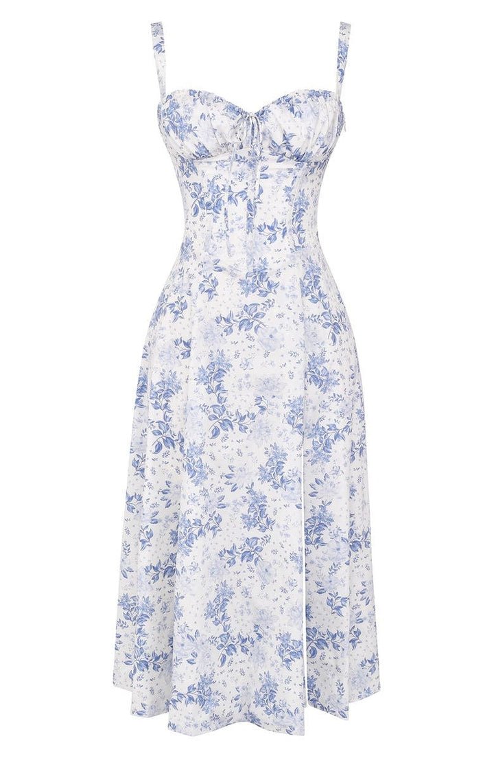 Bustier Summer Dress with Waist Shaper - Isabella-Knee length - 1 layer-Blue Flowers-XS-The Livary