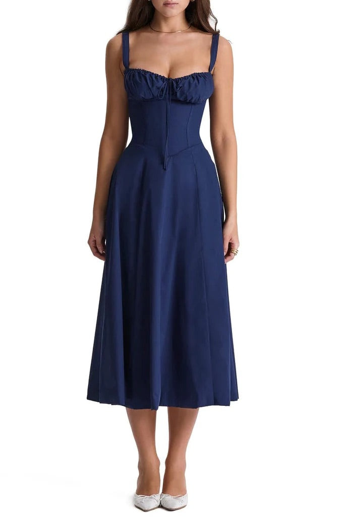 Floral Maxi Dress with Waist Definition - Fleur-Marine blue-S-The Livary