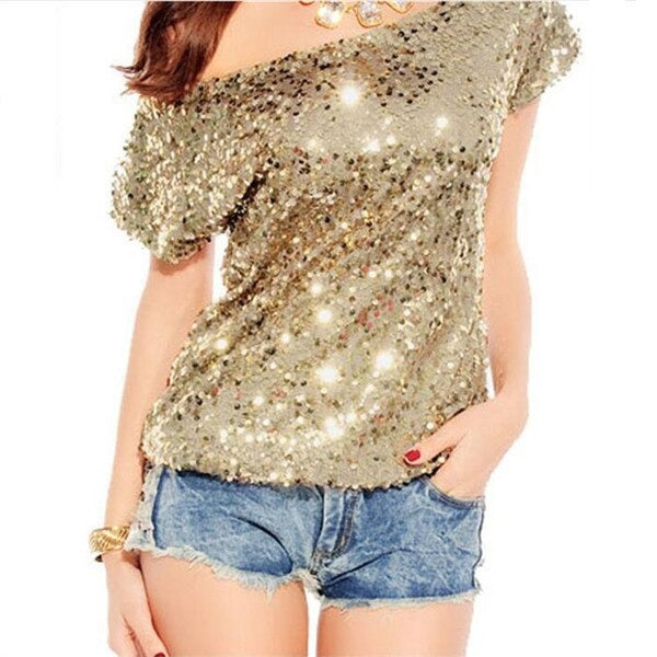 Trendy shoulder t-shirt with sequins for summer nights - GlamGlanz-Gold-The Livary