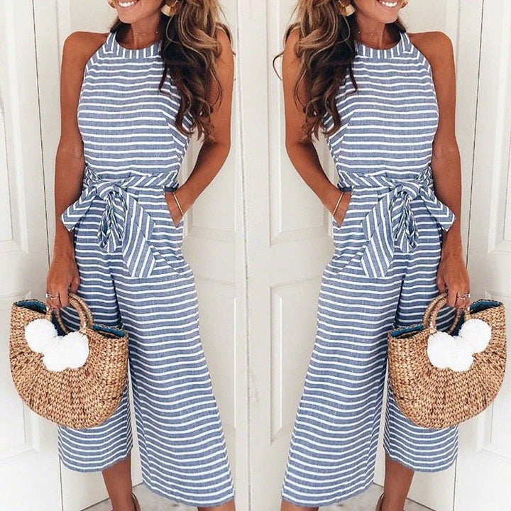 Airy & Stylish Women's Jumpsuit with Waist Belt and Stripes – Nayla-Blue-S-The Livary