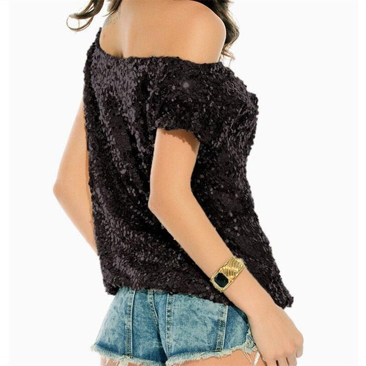 Trendy shoulder t-shirt with sequins for summer nights - GlamGlanz-Black-The Livary