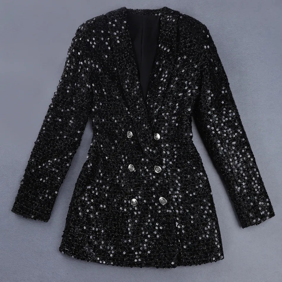 Sequin Blazer Jumpsuit with Double Breasted Buttons - Stella-Black-XS-The Livary