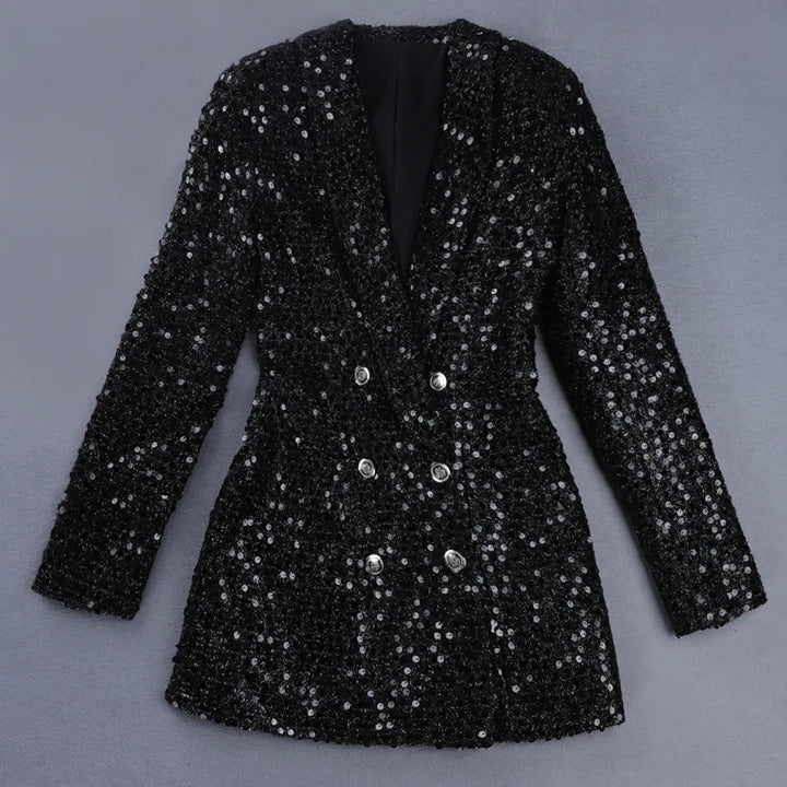 Sequin Blazer Jumpsuit with Double Breasted Buttons - Stella-Black-XS-The Livary