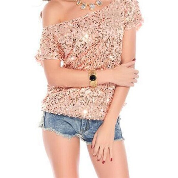 Trendy shoulder t-shirt with sequins for summer nights - GlamGlanz-Pink-The Livary