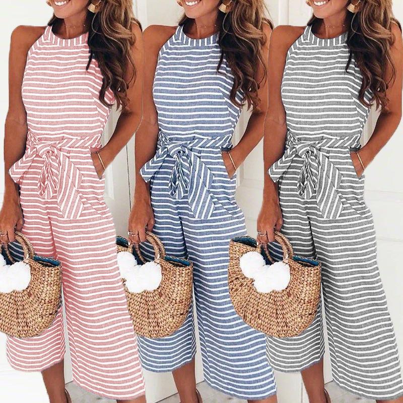 Striped summer jumpsuit for women with wide leg and V-neck – Alina-Blue-S-The Livary