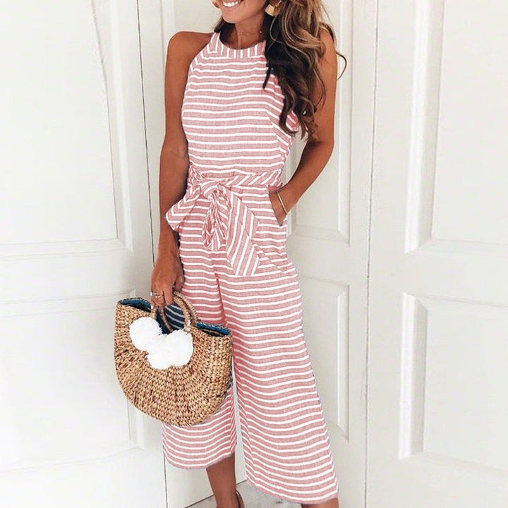 Striped summer jumpsuit for women with wide leg and V-neck – Alina-Pink-S-The Livary