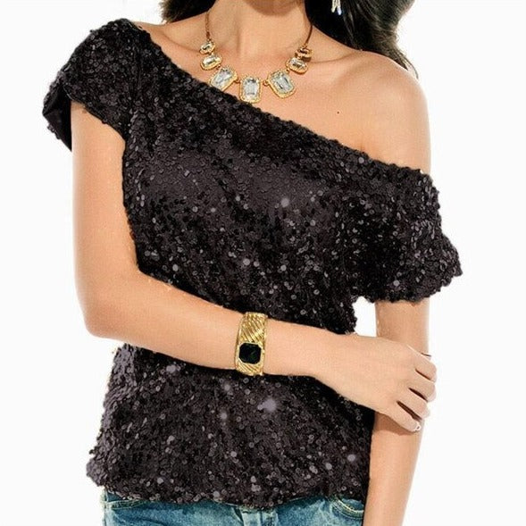 Trendy shoulder t-shirt with sequins for summer nights - GlamGlanz-Black-The Livary