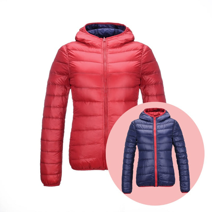 Stylish Reversible Women's Down Jacket - Aurora-Red/Dark Blue-S-The Livary