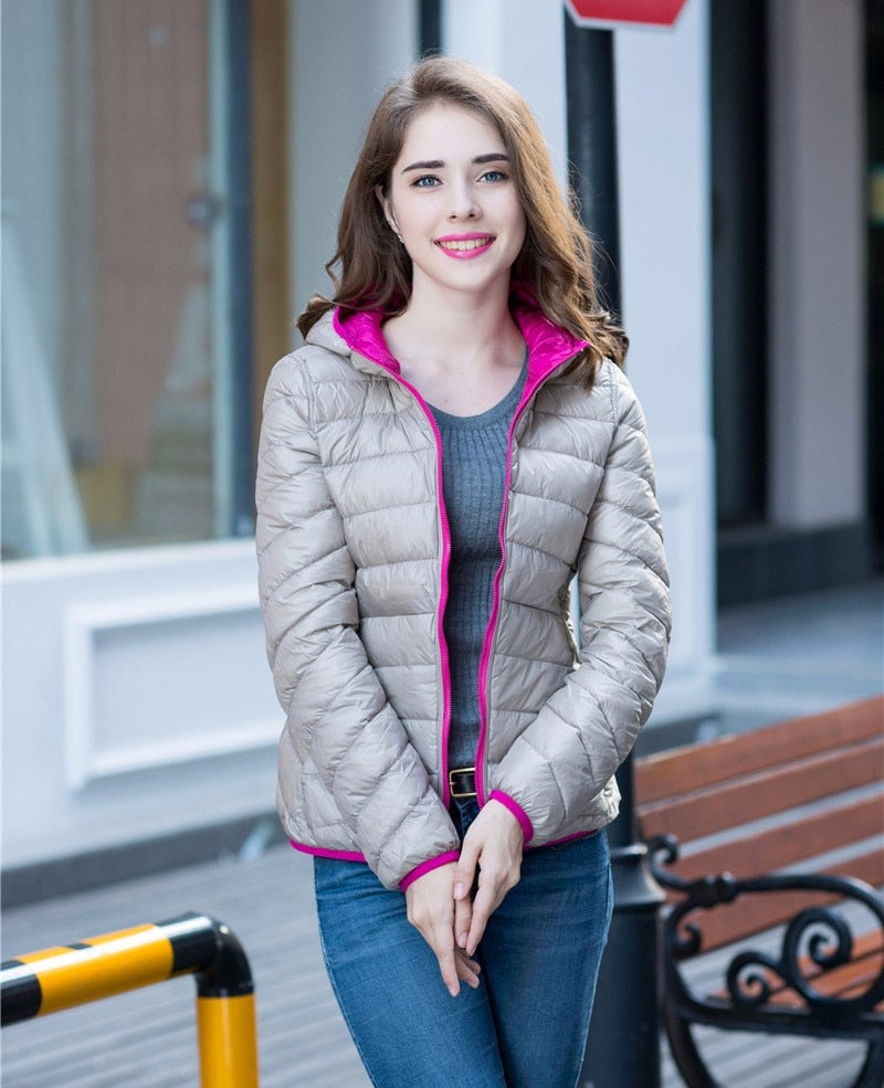 Stylish Reversible Women's Down Jacket - Aurora-Beige/Pink-S-The Livary