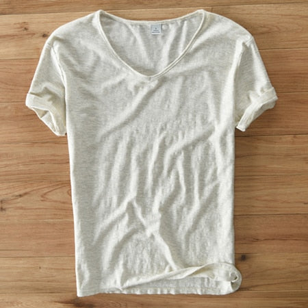 Men's V-Neck Linen Shirt – Luca-Beige-M-The Livary