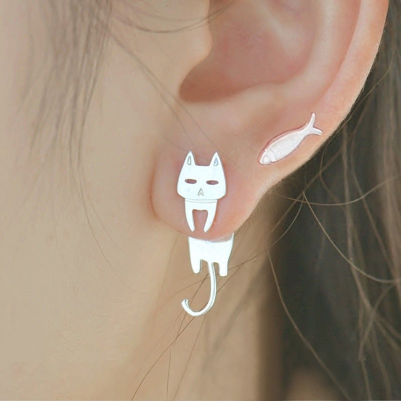 Silver Climbing Cat Earrings - Luna-The Livary