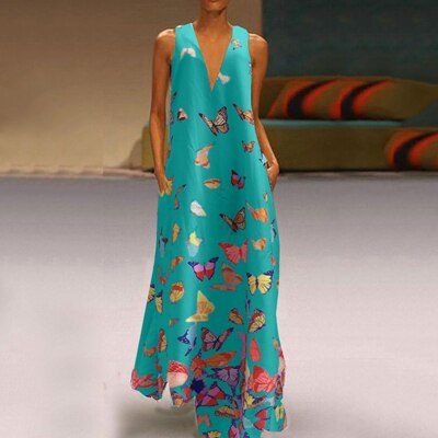 Trendy Sleeveless Maxi Summer Dress with Butterfly Print – Malia-Turquoise-S-The Livary