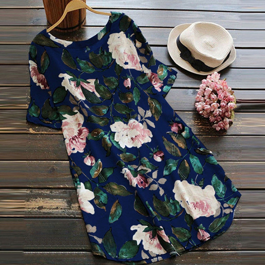 Flowered summer casual dress with short sleeves for women – Malina-Blue-S-The Livary
