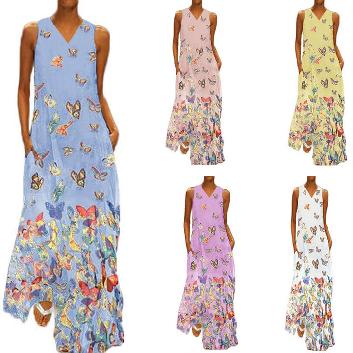 Trendy Sleeveless Maxi Summer Dress with Butterfly Print – Malia-White-S-The Livary